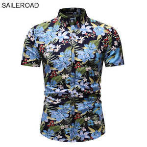 SAILEROAD 2019 Fashion Flower Shirt Men Print Shirts Hawaiian Slim Fit Camisa Floral Masculina Summer Short Sleeve Shirts Tops