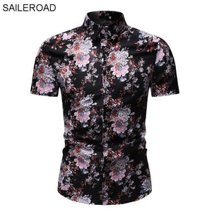 SAILEROAD 2019 Fashion Flower Shirt Men Print Shirts Hawaiian Slim Fit Camisa Floral Masculina Summer Short Sleeve Shirts Tops