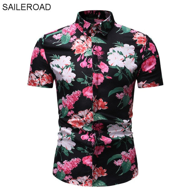 SAILEROAD 2019 Fashion Flower Shirt Men Print Shirts Hawaiian Slim Fit Camisa Floral Masculina Summer Short Sleeve Shirts Tops