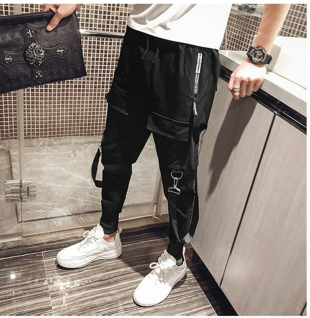 2019 Men Streetwear Pants Black Harem Pants Light Men Punk Pants Ribbons Casual Slim Jogger Pants Men Hip Hop Trousers LBZ138