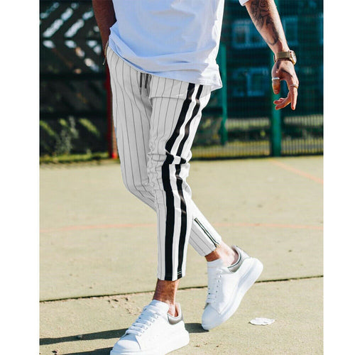 Fashion Men England Style Striped Pants Male New Long Pencil Joggers Pants Casual Trousers Drawstring Side Stripe Slacks 2019