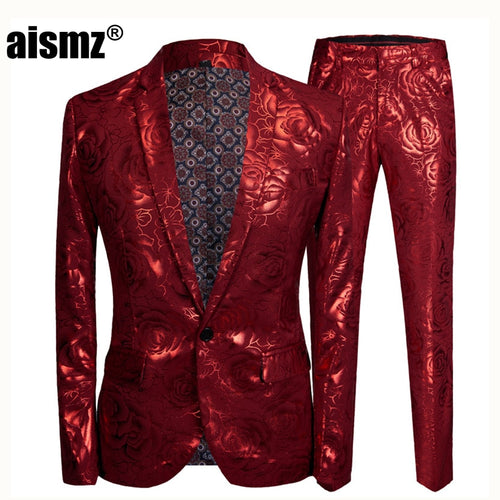 Aismz Men Slim Fit Costume Homme Red Rose Gilding 2 Pieces Set Wedding Suits For Latest Coat Pant Designs Singer Stage Wear