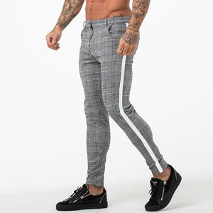 Casual Mens Chinos Cotton Slim Fit Men Pants Trousers Skinny Chinos Pants Grey Ankle Length Super Stretch Pant Plaid Side Stripe