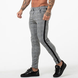 Casual Mens Chinos Cotton Slim Fit Men Pants Trousers Skinny Chinos Pants Grey Ankle Length Super Stretch Pant Plaid Side Stripe