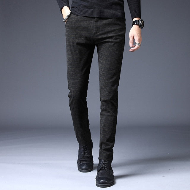 2019 Fashion Men Pants Slim Fit  High Quality Autumn Winter thick Business stripes Flat Classic Full Length Casual Trousers male