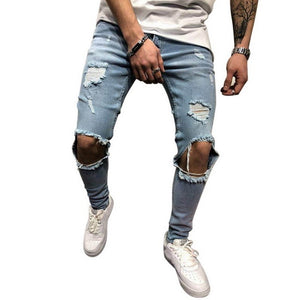 Mens Ripped Jeans for men Casual Black Blue Skinny slim Fit Denim Pants Biker Hip Hop Jeans with sexy Holel Denim Pants