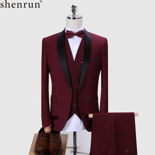 Shenrun Men Tuxedo Slim Fit Fashion Suit Wedding Shawl Lapel 3 Pieces Skinny Single Breasted Jacket Party Prom Singer Costume