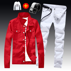 Spring Autumn Mens Slim Fit Denim Jacket Pants Long Sleeve Coat Casual 2pcs Set Buttons Front S2