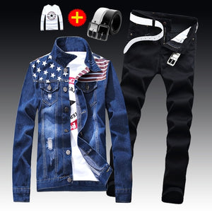 Spring Autumn Mens Slim Fit Denim Jacket Pants Long Sleeve Coat Casual 2pcs Set Buttons Front S2