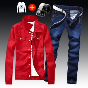 Spring Autumn Mens Slim Fit Denim Jacket Pants Long Sleeve Coat Casual 2pcs Set Buttons Front S2