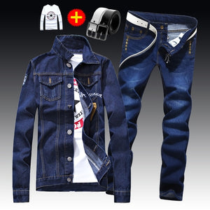 Spring Autumn Mens Slim Fit Denim Jacket Pants Long Sleeve Coat Casual 2pcs Set Buttons Front S2