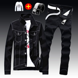 Spring Autumn Mens Slim Fit Denim Jacket Pants Long Sleeve Coat Casual 2pcs Set Buttons Front S2