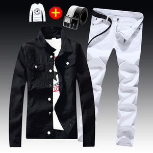 Spring Autumn Mens Slim Fit Denim Jacket Pants Long Sleeve Coat Casual 2pcs Set Buttons Front S2