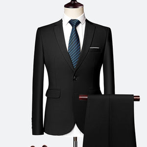 Jacket + Pant New Men Business Slim Suits Sets Solid Color Wedding Office Dress Two-piece Suit Blazers Coat Trousers Waistcoat