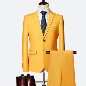 Jacket + Pant New Men Business Slim Suits Sets Solid Color Wedding Office Dress Two-piece Suit Blazers Coat Trousers Waistcoat