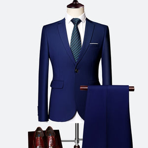 Jacket + Pant New Men Business Slim Suits Sets Solid Color Wedding Office Dress Two-piece Suit Blazers Coat Trousers Waistcoat