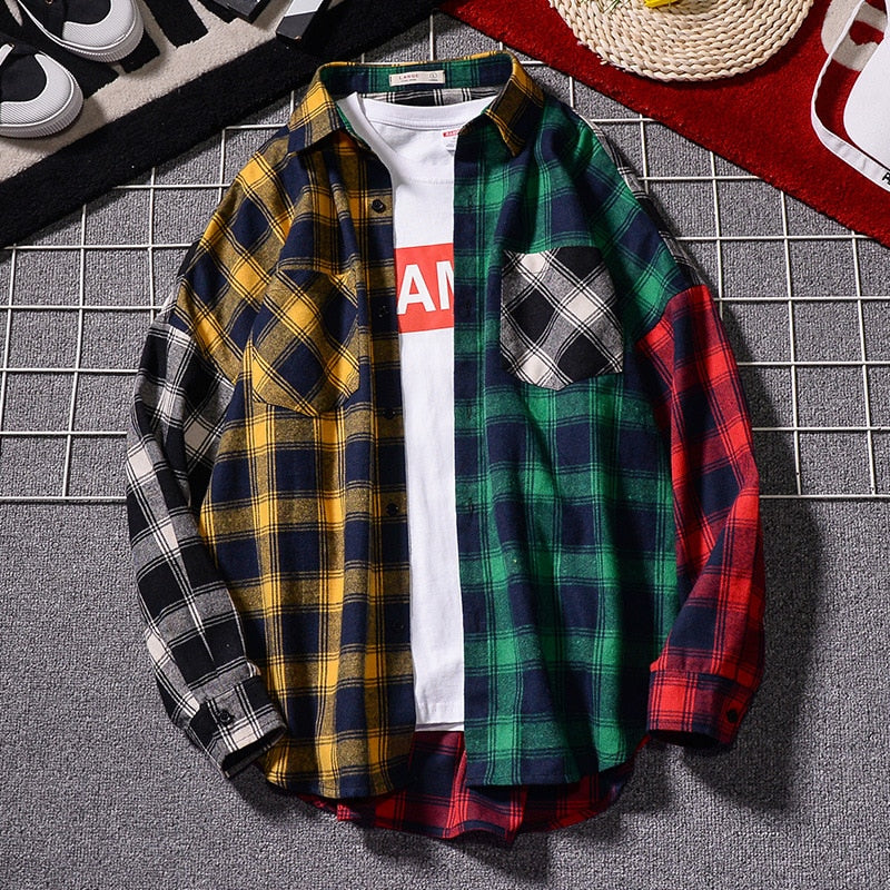 Men 's Loose Plaid Shirt Casual Jacket Student Shirt Plaid Long Sleeve Shirt Spring And Autumn Loose Color Matching Male Shirt