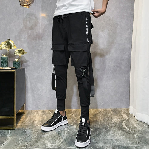 2019 Men Streetwear Pants Black Harem Pants Light Men Punk Pants Ribbons Casual Slim Jogger Pants Men Hip Hop Trousers LBZ138