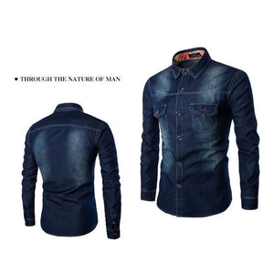 Fashion Mens Denim Shirt Long Sleeve Plus Size Cotton Jeans Cardigan Casual Slim Fit Shirts Men Two-pocket Tops Clothing M-6XL