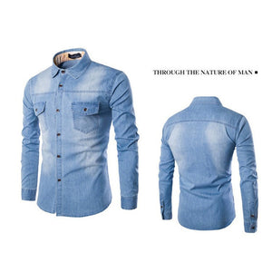 Fashion Mens Denim Shirt Long Sleeve Plus Size Cotton Jeans Cardigan Casual Slim Fit Shirts Men Two-pocket Tops Clothing M-6XL