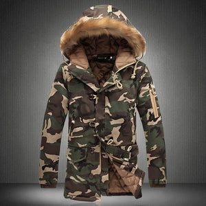 Men Camouflage Hooded Coats Camo Casual Parkas Outerwear Faux Fur Collar Warm Jacket FDC99