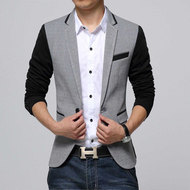 New Slim Fit Casual jacket Cotton Men Blazer Jacket Single Button Gray Mens Suit Jacket 2018 Autumn Patchwork Coat Male Suite