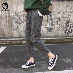 New Fashion Women Pants Pockets Plaid Womens Loose Casual Female High Waist Pant Females Korean Style Retro Chic Students Girls