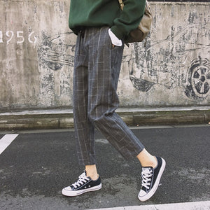 New Fashion Women Pants Pockets Plaid Womens Loose Casual Female High Waist Pant Females Korean Style Retro Chic Students Girls