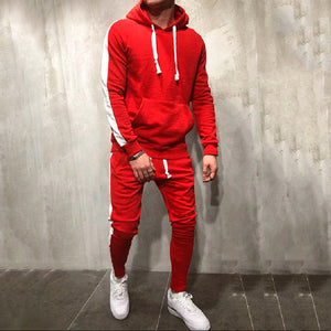 2 Pieces Sets Tracksuit Men New Brand Autumn Winter Hooded Sweatshirt +Drawstring Pants Male Stripe Patchwork Hoodies Bigsweety