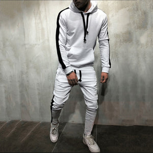 2 Pieces Sets Tracksuit Men New Brand Autumn Winter Hooded Sweatshirt +Drawstring Pants Male Stripe Patchwork Hoodies Bigsweety