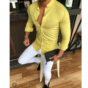 2019 Hot Men's Slim V Neck Long Sleeve Muscle Solid Shirt Casual Shirts Tops Blouse Men Fit Buttons Shirt Drop Shipping