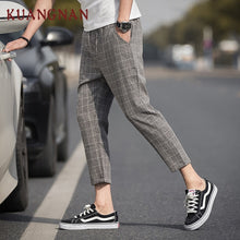 Load image into Gallery viewer, KUANGNAN Ankle-Length Linen Plaid Pants Men Trousers Hip Hop Jogger Pants Men Sweatpants Streetwear Men Pants 2019 Spring New