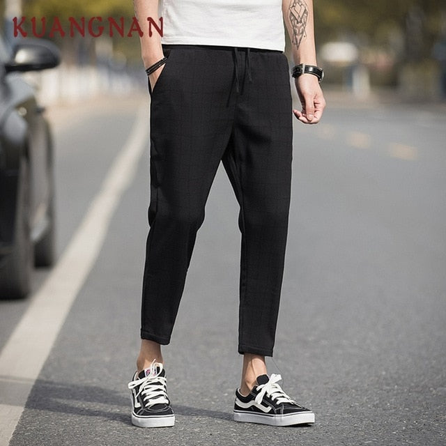 KUANGNAN Ankle-Length Linen Plaid Pants Men Trousers Hip Hop Jogger Pants Men Sweatpants Streetwear Men Pants 2019 Spring New