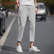 Load image into Gallery viewer, KUANGNAN Ankle-Length Linen Plaid Pants Men Trousers Hip Hop Jogger Pants Men Sweatpants Streetwear Men Pants 2019 Spring New