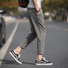 Load image into Gallery viewer, KUANGNAN Ankle-Length Linen Plaid Pants Men Trousers Hip Hop Jogger Pants Men Sweatpants Streetwear Men Pants 2019 Spring New