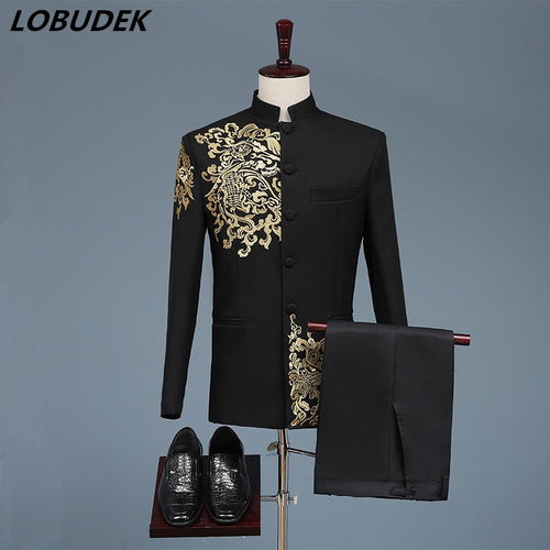 Black White Men's Suits Chinese style Gold Embroidery Blazers Prom Host Stage Outfit Male Singer Teams Chorus Wedding DS Costume