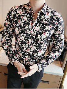 2019 Men's Shirts Retro Floral Printed Man Casual Slim Shirt Fashion Classic Men Dress Shirt  Men's Long Sleeve Brand Clothing