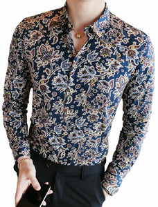 2019 Men's Shirts Retro Floral Printed Man Casual Slim Shirt Fashion Classic Men Dress Shirt  Men's Long Sleeve Brand Clothing