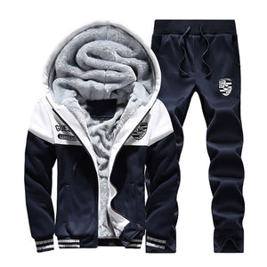 2019 Men Warm Sets Fashion Sporting Thick Suit Patchwork Zipper Hooded Sweatshirt +Sweatpants Mens 2 Pieces Sets Slim Tracksuit