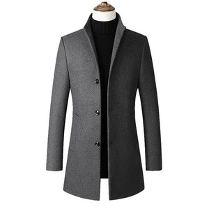 Men Jacket Warm Winter Trench Coat Long Outwear Button Overcoat stand collar  Casual Windbreaker Overcoat Jackets Wool Blends