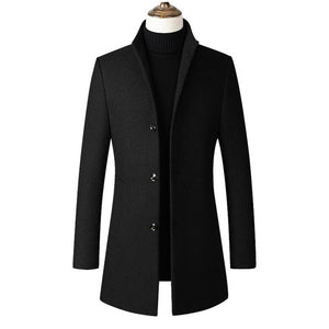 Men Jacket Warm Winter Trench Coat Long Outwear Button Overcoat stand collar  Casual Windbreaker Overcoat Jackets Wool Blends