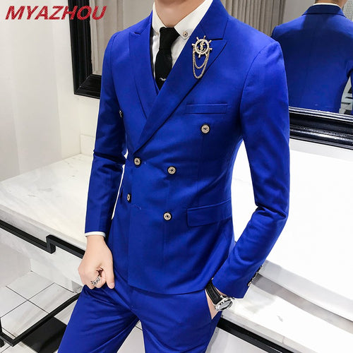 Luxury Royal Men's Suit 3 sets Fashion Boutique Double-breasted Solid Color Wedding Dress New Slim Business Banquet Formal Dress