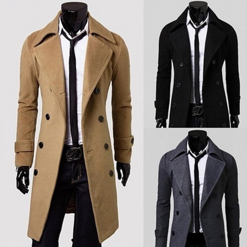 SWYIVY Long Slim Men Wool Trench Coat Double-breasted Lapel Windbreaker Male Fashion Autumn Winter Coat Long Design Trench Male