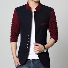 Load image into Gallery viewer, Stand Collar Men Blazer Chinese Suit Jacket Contrast Color Patchwork Casual Jacket Single Breasted Mens Tunic Jacket